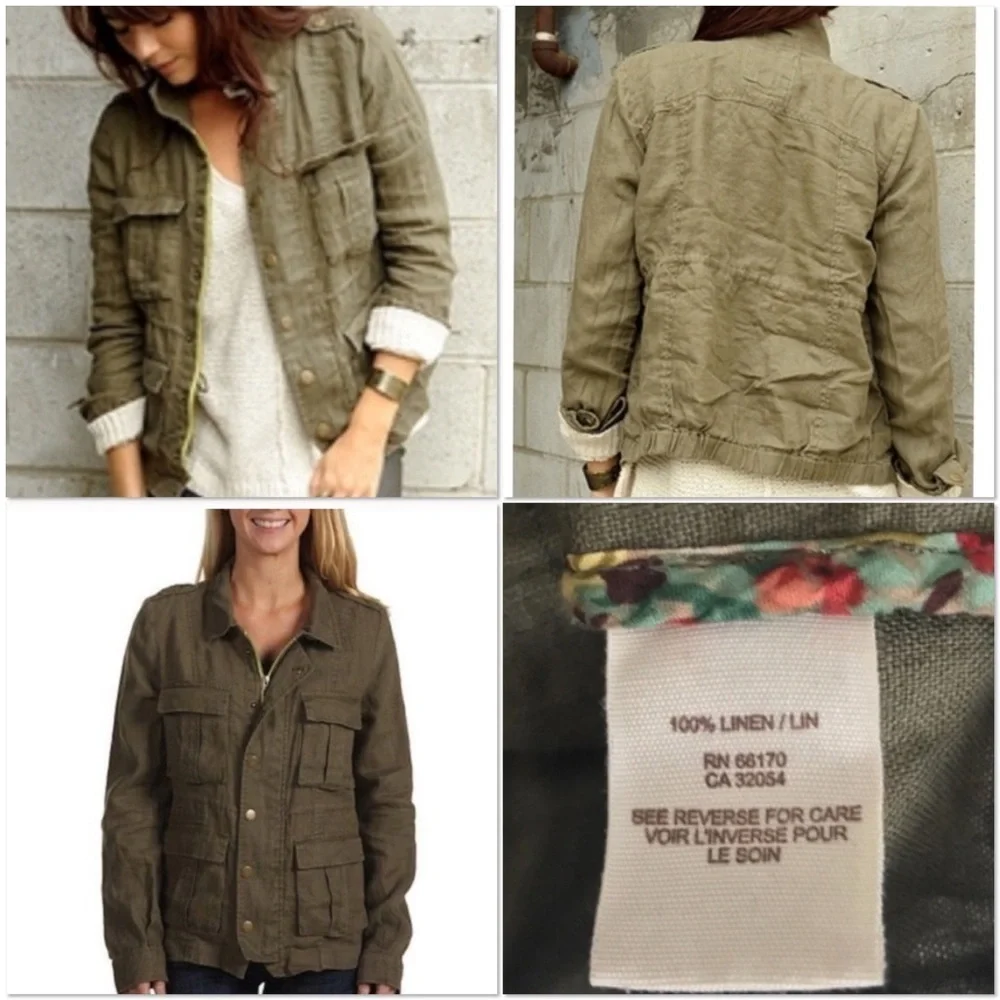 Free People olive Military Platoon linen full zip and snap utility jacket